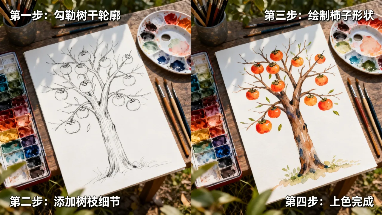 柿树如何画?柿子树怎么画简单又好看步骤图解教程-图3 柿树如何画?柿子树怎么画简单又好看步骤图解教程-图3
