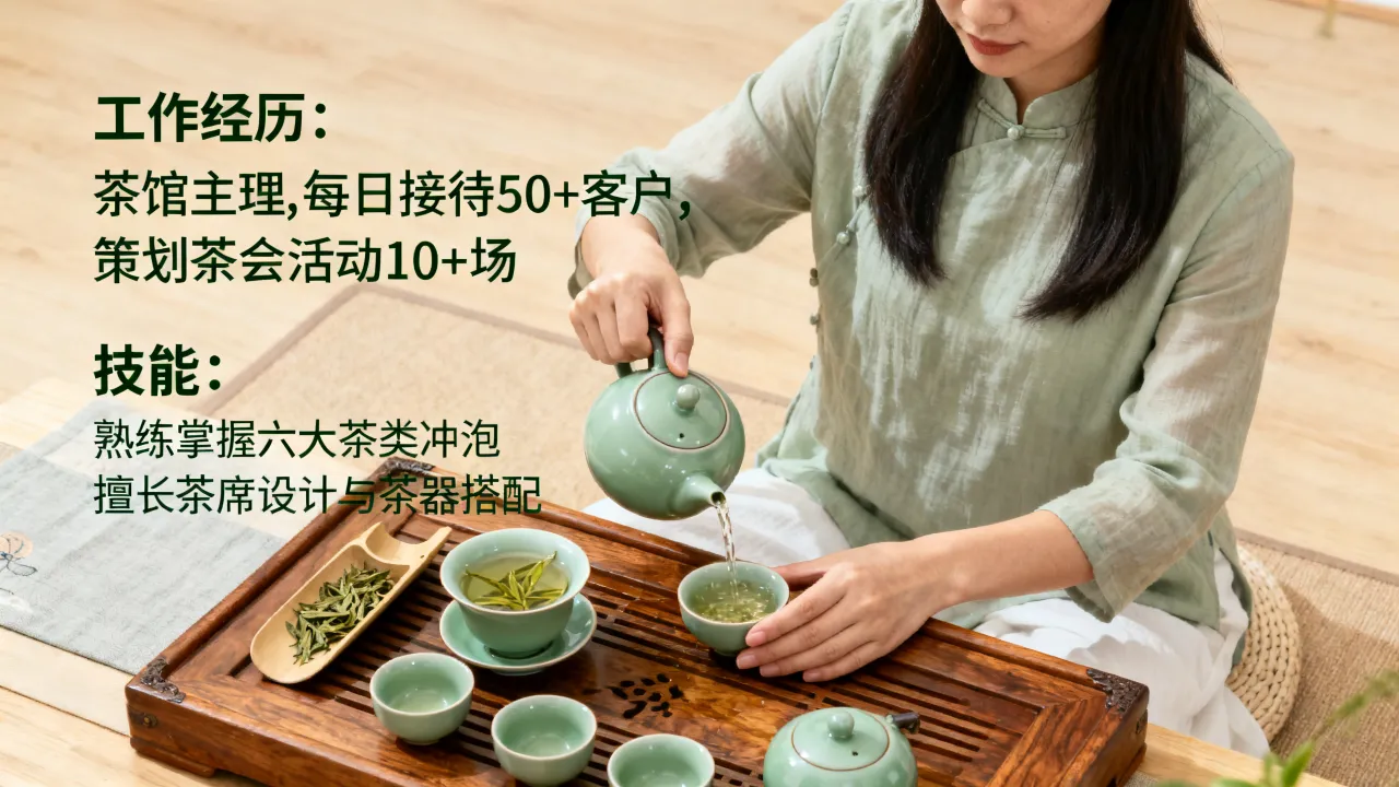 茶艺师简历怎么写,有哪些突出工作经历和技能的技巧?-图1 茶艺师简历怎么写,有哪些突出工作经历和技能的技巧?-图1