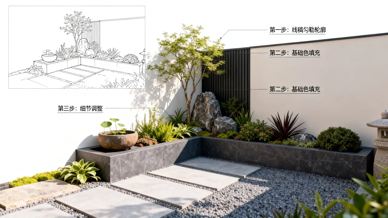 庭院角怎么画,庭院角落景观设计手绘图步骤教程-图2 庭院角怎么画,庭院角落景观设计手绘图步骤教程-图2