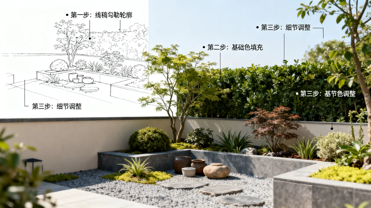 庭院角怎么画,庭院角落景观设计手绘图步骤教程-图3 庭院角怎么画,庭院角落景观设计手绘图步骤教程-图3